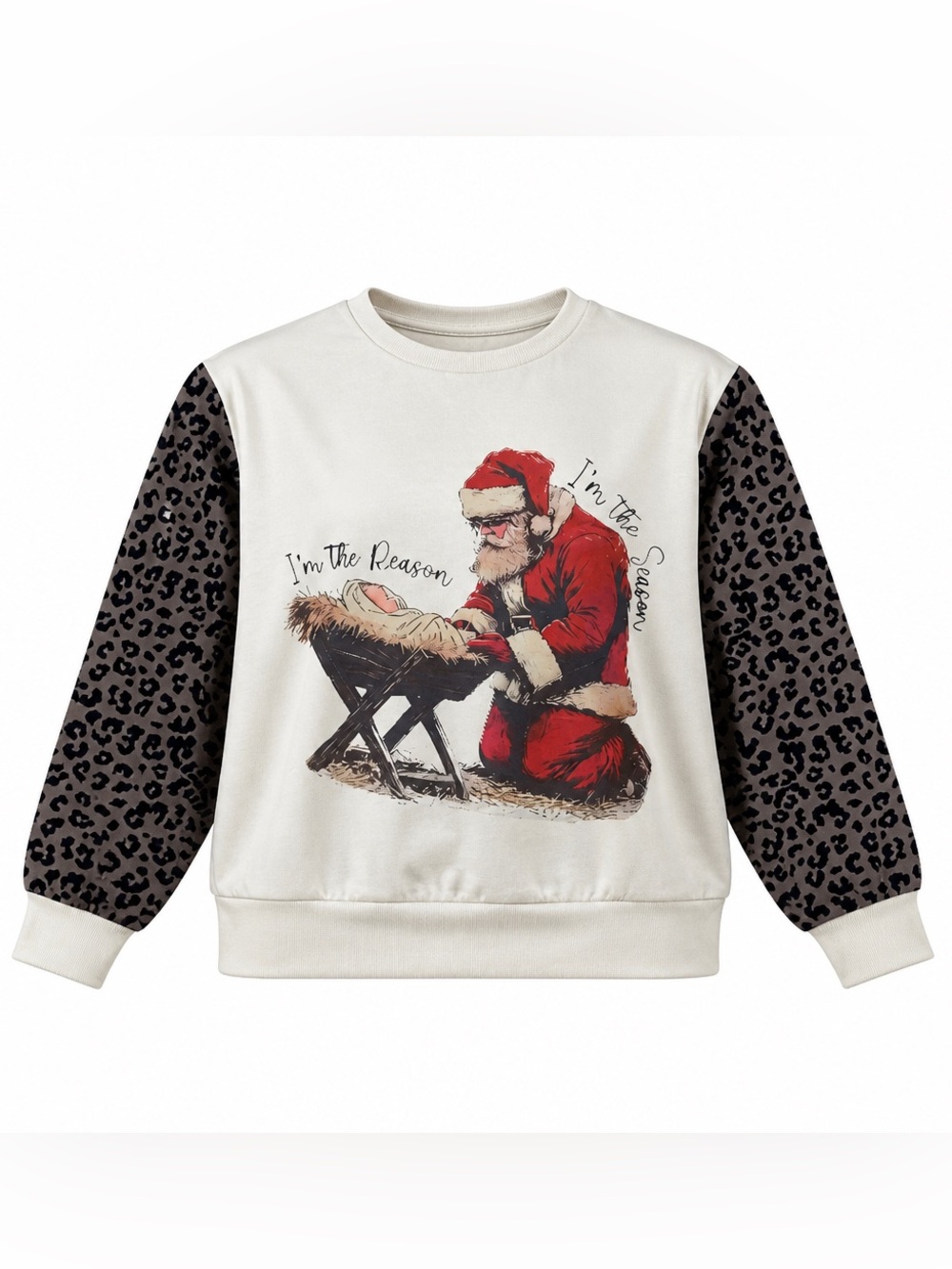 Women’s Santa Graphic Sweatshirt Top with Leopard Sleeves Size S